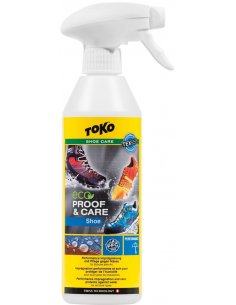 Spray impregnujący do obuwia TOKO Eco Proof & Care Shoe, biało-żółta butelka z atomizerem do ochrony i pielęgnacji butów