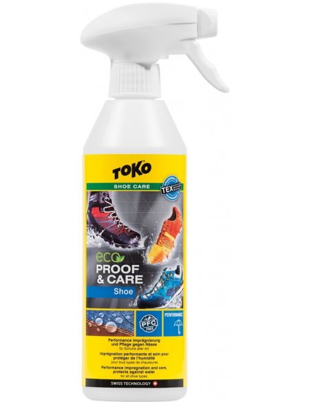 Spray impregnujący do obuwia TOKO Eco Proof & Care Shoe, biało-żółta butelka z atomizerem do ochrony i pielęgnacji butów